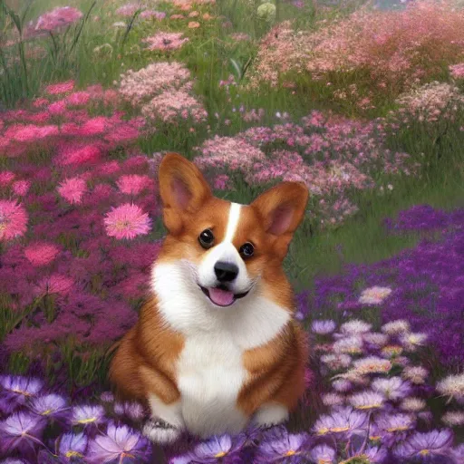 Prompt: the most adorable corgi puppy in a flower garden, lifelike, hyperrealistic, extremely detailed, beautiful digital illustration, greg rutkowski, artgerm, moebius, ruan jia, makoto shinkai, award - winning, masterpiece, trending on artstation, 8 k