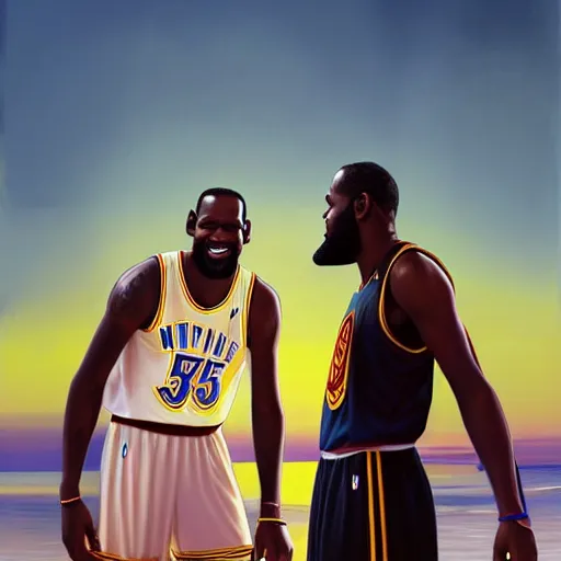 Image similar to beautiful serene intricate portrait of kevin durant and lebron james taking a selfie, smiling softly, relaxing on the beach, golden hour, soft focus, 8 k, art by irakli nadar, hyperrealism, hyperdetailed, ultra realistic