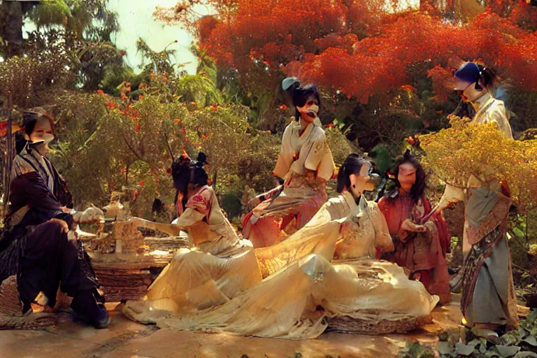 Image similar to wuxia, autumn, people rest in the garden, painting by gaston bussiere, craig mullins, j. c. leyendecker