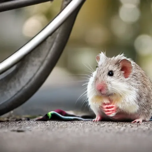 Image similar to soaking wet homeless hamster begging for money on the side of the road, tattered clothing, sitting on a tattered blanket