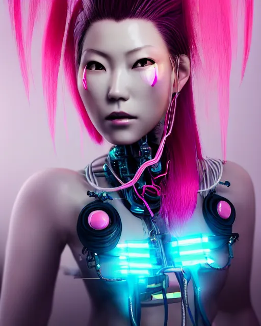 Image similar to portrait of a beautiful japanese woman with pink hair as a cyberpunk cyborg half robot, revealing wires and electronics, hooked - up, sci - fi, missing panels, intricate abstract upper body intricate artwork, concept art, octane render, deviantart, cinematic, key art, hyperrealism, iridescent accents, portrait photograph, nikon 3 5 mm, photograph by greg rutkowski