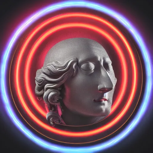 Prompt: a neon circle surrounding the head of a renaissance statue, 3 d render, black background, ray tracing, 8 k resolution, sharp focus, hyper detailed, hyper realistic