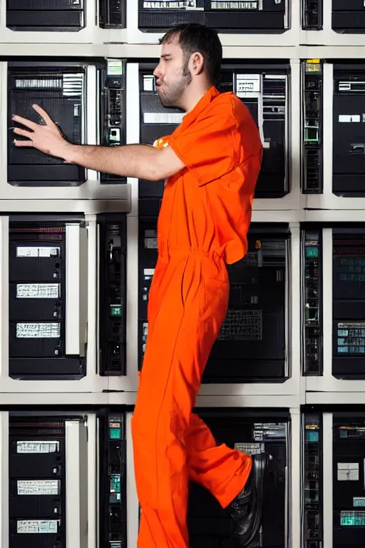 Image similar to extremely detailed closeup portrait arrest photo of the programmer who killed the middle manager who bought an ibm mainframe and actually thought that was a good idea. high contrast color, orange jumpsuit, absolutely no regrets