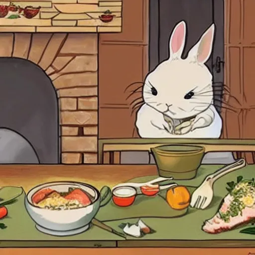 Image similar to rabbits cooking food inside a cozy french kitchen, in the style of studio ghibli