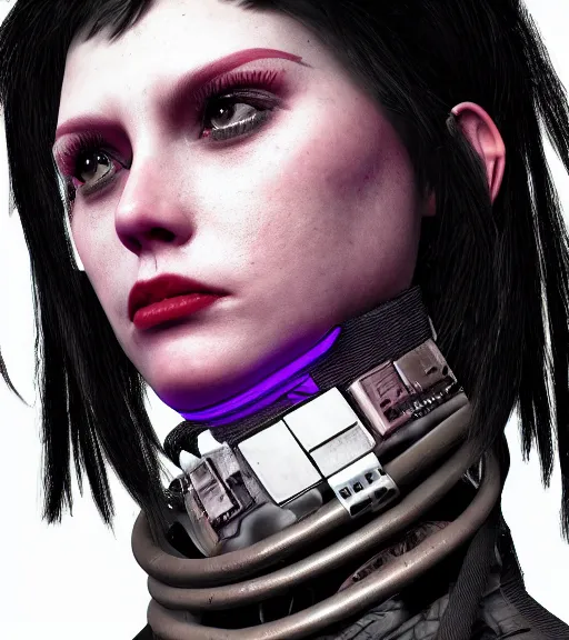 Image similar to detailed realistic female character cyberpunk wearing thick technological collar around neck, realistic, art, beautiful, 4K, collar, choker, collar around neck, punk, artstation, detailed, female, woman, choker, cyberpunk, neon, punk, collar, choker, collar around neck, thick collar, tight around neck, punk,