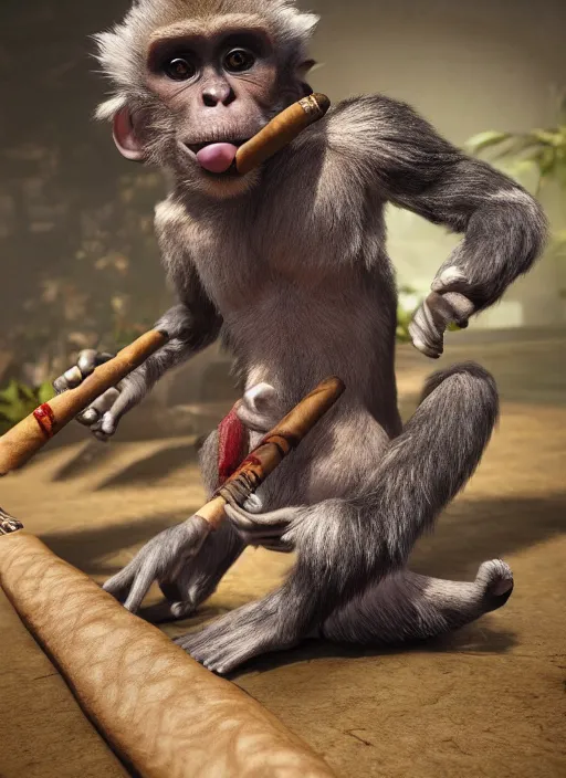 Image similar to pathfinder 2 e illustration of furry monkey goblin smoking a cigar, unreal engine, hyper realism, realistic shading, cinematic composition, realistic render, octane render, detailed textures, photorealistic, wide shot