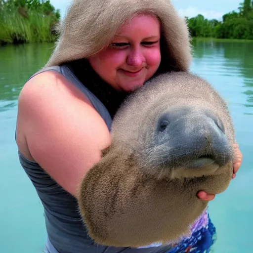 Image similar to fluffy pygmy manatee being hugged by a person, realistic, fantasy, pet, adorable, national geographic
