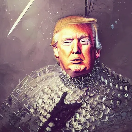 Image similar to eyes face nose mouth ears portrait of Donald Trump wearing chainmail whilst twirling a spear ismail inceoglu ishbel myerscough