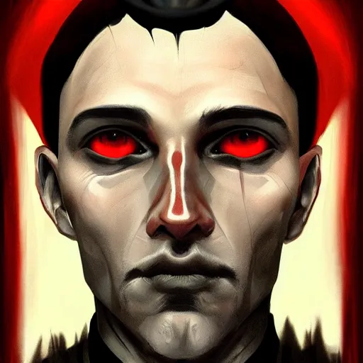 Image similar to portrait of a handsome Catholic priest with red eyes, dark, intricate details, highly detailed, eerie, concept art, digital painting, sharp, trending on artstation, award-winning. Art by Loran DeSore and Merwild