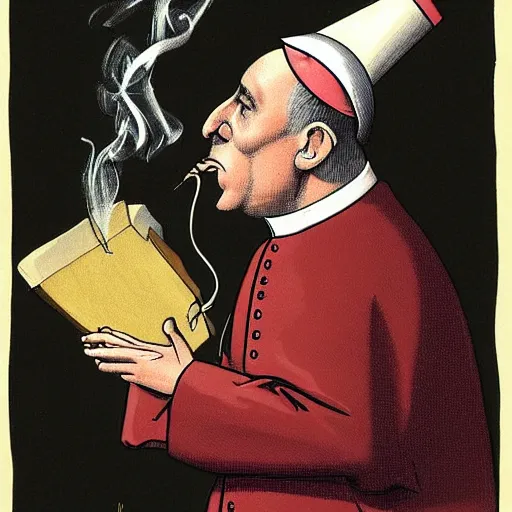 Image similar to a caricature of the pope smoking a cigar, drawing, caricature