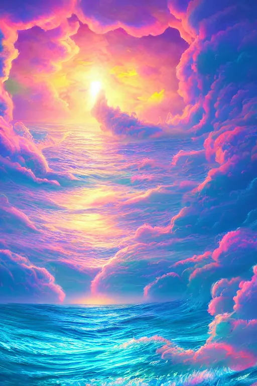 Image similar to A beautiful digital illustration painting of an ocean and sky fantasy by Blair Leighton and Lisa Frank, 8k resolution trending on Artstation concept art digital illustration