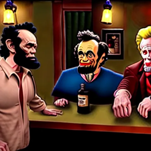 Image similar to The It's Always Sunny in Philadelphia episode where the gang meets Abe Lincoln Dee is there with Mac and so is Dennis they are at the bar, photo realistic, studio lighting, It's Always Sunny in Philadelphia