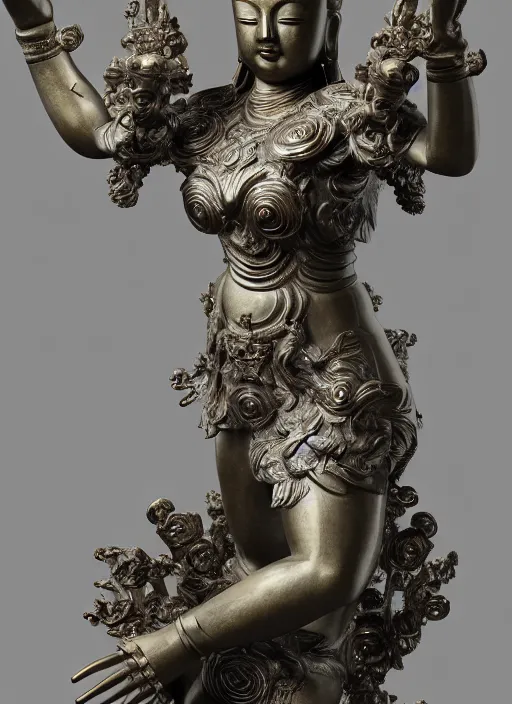 Image similar to a art deco sculpture statue of full body guanyin, intricate complexity,, statue by jane hamilton, ruan jia, character concept, radiant light,, frostbite 3 engine, cryengine, dof, trending on artstation, digital art, fantasy detailed abackground