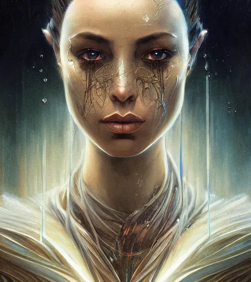 Image similar to portrait of a dark Jedi by karol bak, WLOP, James Jean, tom bagshaw, rococo, trending on artstation, glossy eyes, face, fantasy, intricate, elegant, highly detailed, digital painting, concept art, smooth, sharp focus, illustration, cinematic lighting, hyper realism, octane render, 8k, hyper detailed.