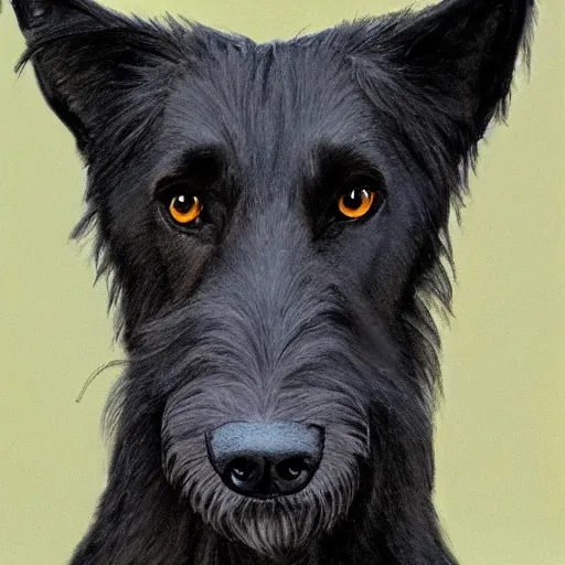 Image similar to portrait of a black wolfhound, regal, hyper realistic, highly detailed