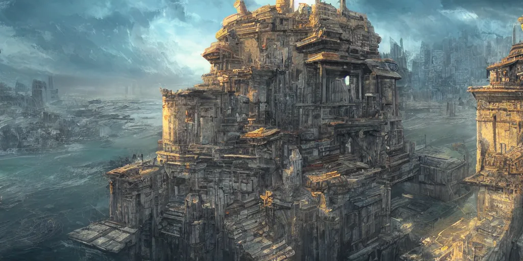 Image similar to ancient city on the bridge, really high up, over the ocean, thriving market, artstation, deviantart