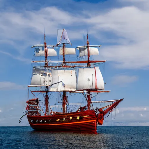 Prompt: a pirate ship with white sails and crimson hull with 3 masts in a harbor, dslr photo