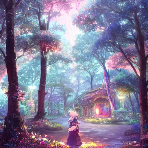 Image similar to the aesthetic view of the beautiful, grand, wistful, dreamy hidden forest at dusk, hyperrealistic anime illustration by iralki nadar, colorful, extremely detailed, intricate linework, super sharp focus, bright colors, octopath traveler, studio ghibli, unreal engine 5 highly rendered, global illumination, radiant light, detailed and intricate environment