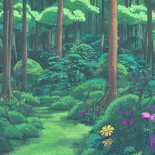 Image similar to a forest clearing with lush flora in the style of studio ghibli, anime