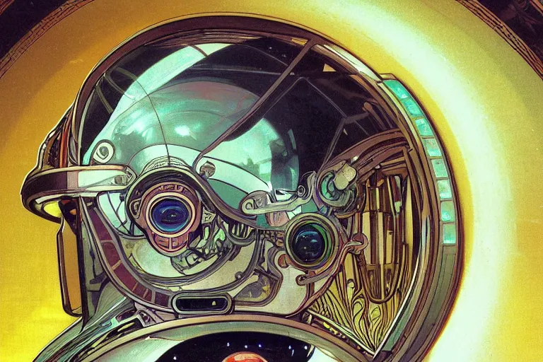 Image similar to portrait of a biomechanical head inside a futuristic space helmet, vintage, neon, white metal, iridescent visor, smooth, sharp focus, high detail, deviantart, art by Alphonse Mucha,