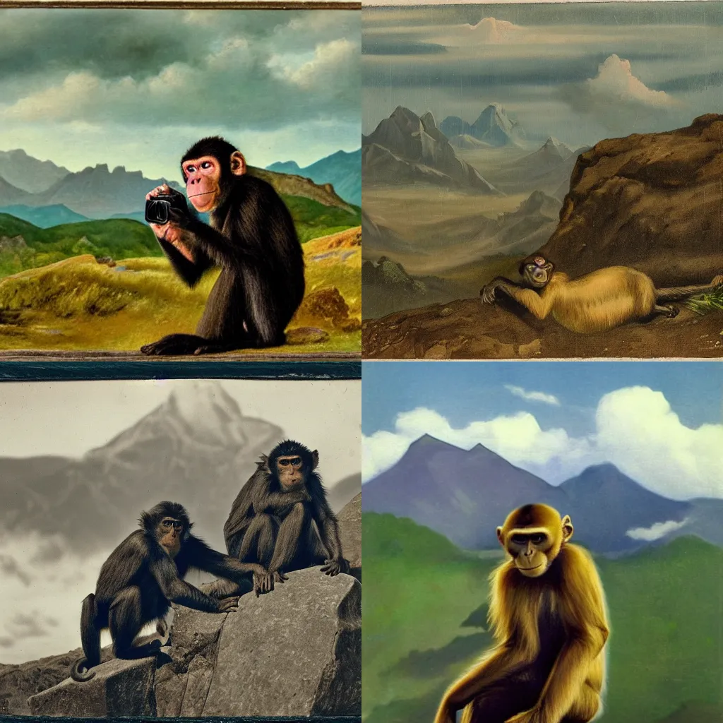 Prompt: a monkey taking a photograph, mountains in the backround with clouds, as howson peter