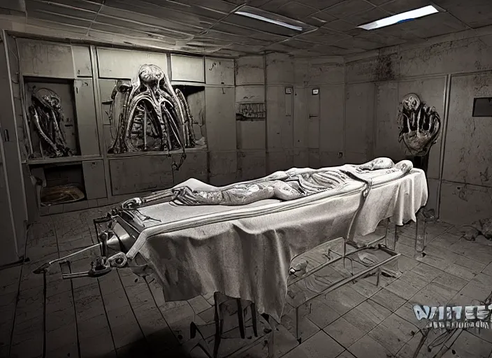 Image similar to a highly realistic interior structure morgue laboratory with a dead alien autopsy on table, highly detailed sculpture, anatomical, overhead lights, ommatidia, aliencore, post - processing, intricate detailed, highly realistic, 4 k, cinematic view, unreal engine rendering, 8 k, modern photography by wayne barlowe, clive barker