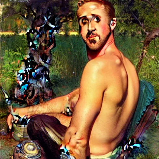 Image similar to ryan gosling mowing a lawn, sunlight glistens on his sweaty skin, painting by gaston bussiere, craig mullins, j. c. leyendecker, tom of finland