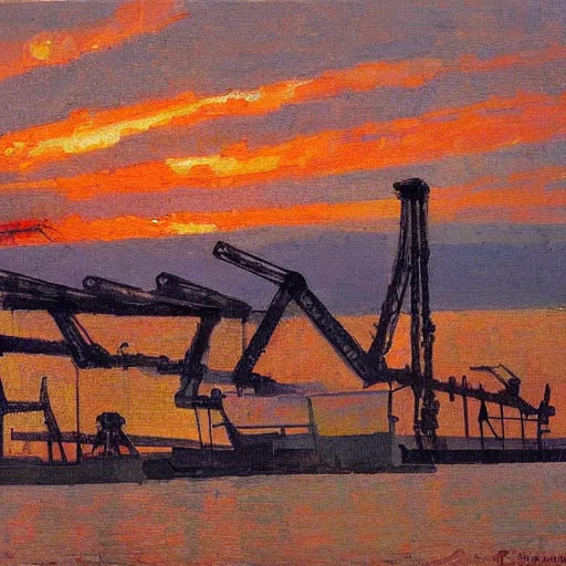 Prompt: a painting of a beautiful sunset obscured by industrial cranes by Konstantin Yuon