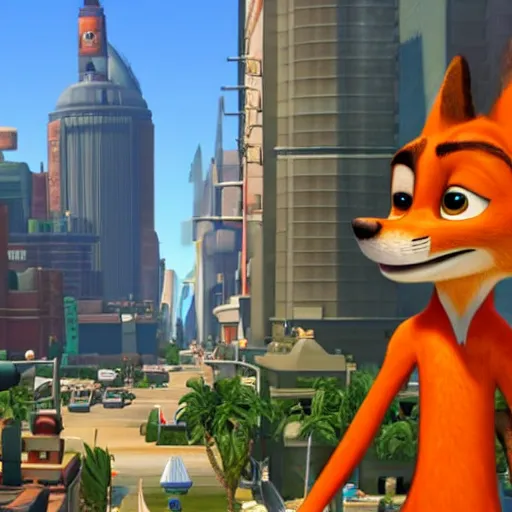 Image similar to Nick Wilde (from Zootopia) in a Grand Theft Auto loading screen