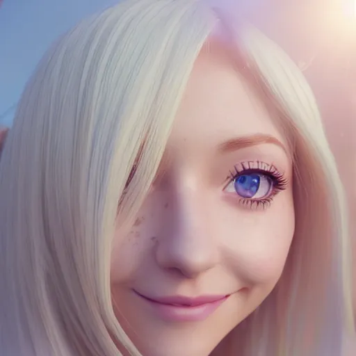 Image similar to beautiful hyperrealism selfie of a cute 3 d anime young woman smiling smugly, long light platinum blonde hair, flushed face, heart - shaped face, cute freckles, light blue eyes, golden hour, 8 k, instagram