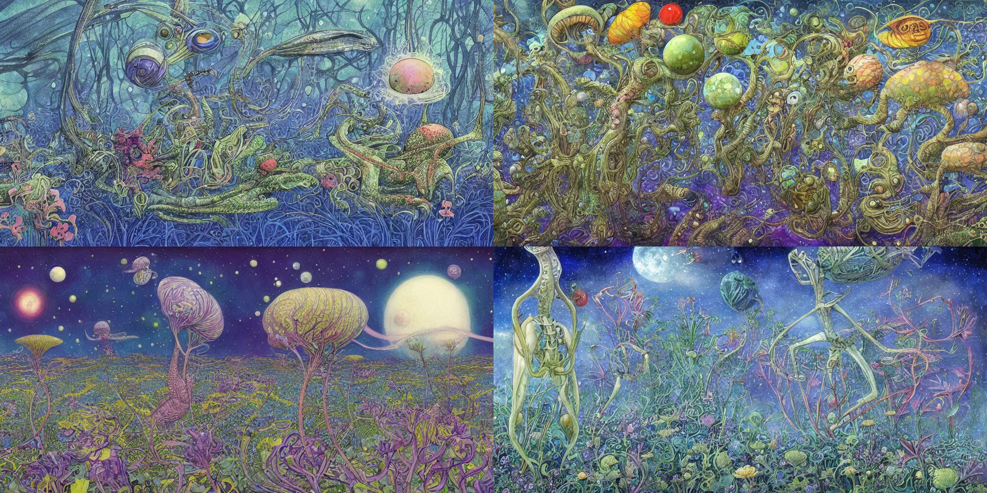 Prompt: a beautiful illustration of a strange alien world by Janet fish | Daniel Merriam:.1 | Graphic Novel, Visual Novel, Colored Pencil, Comic Book:.2