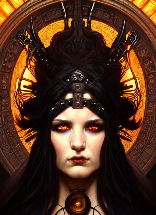 Image similar to portrait of god ares, long straigt black hair,, glowing eyes, volumetric lights, fire, art nouveau botanicals, gothic, intricate, highly detailed, digital painting, artstation, concept art, smooth, sharp focus, symmetric face, illustration, steampunk, art by artgerm and greg rutkowski and alphonse mucha