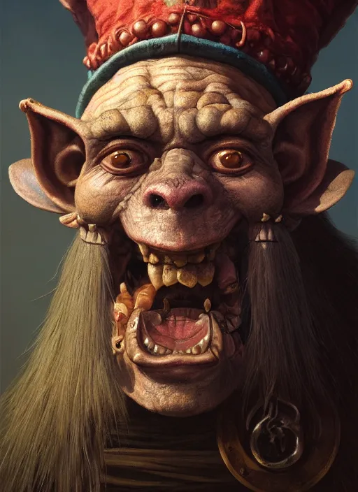 Image similar to highly detailed closeup portrait of a medieval goblin wearing a jesters hat, stephen bliss, unreal engine, greg rutkowski, ilya kuvshinov, ross draws, hyung tae and frank frazetta, tom bagshaw, tom whalen, nicoletta ceccoli, mark ryden, earl norem, global illumination, god rays, detailed and intricate environment