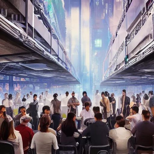 Image similar to large group people in a huge warehouse, looking at hologram of futuristic city on a table | cinematic concept art | godrays | 4 k | clear details | tabletop buildings | tabletop | hologram foreground