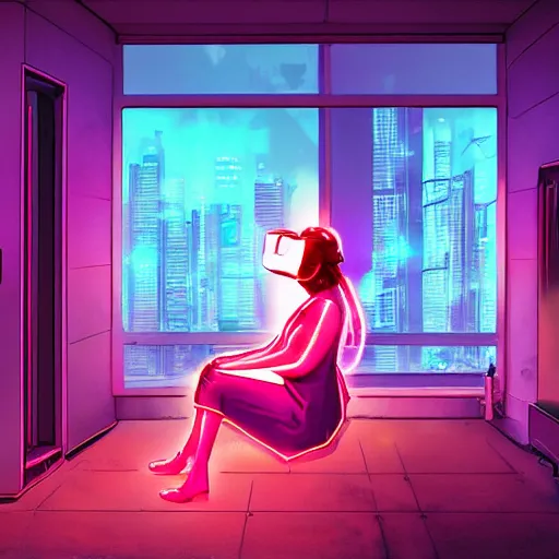 Image similar to matte painting of a woman in vr headset sitting in cyberpunk room behind the window, neon glow, by masamune shirow