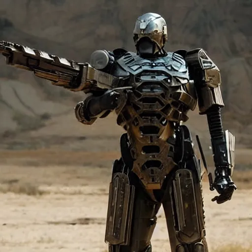 Prompt: cinematic still in westworld and real steel movie, one slim full body ornate armored core holding sci - fi rifle by fujioka kenki and by mamoru nagano,