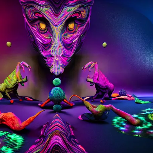Prompt: the disease of psychedelic and synthetic metamorphosis, when dichotomies break down and opposites dance in a party of surreal cosmic beings, vibrant full color cinematic octane render