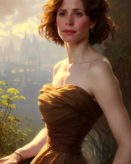 Prompt: a portrait painting of rachel lane / sabrina lloyd / perdita weeks hybrid oil painting, gentle expression, smiling, elegant clothing, scenic background, unreal 5. rpg portrait, extremely detailed, artgerm, greg rutkowski, alphonse mucha, vladimir volegov, adolphe bouguereaum, greg hildebrandt, tim hildebrant