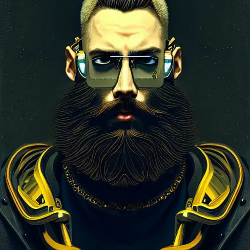 Image similar to bearded man with extremely large and intricate haircut with angry yellow eyes and slim features looking askance, eye cyberpunk bionics, retro futurist style, intricate, elegant gleaming intricate baroque jewelry, angelic halo, highly detailed, digital painting, artstation, concept art, smooth, sharp focus, illustration, art by wlop, mars ravelo and greg rutkowski,