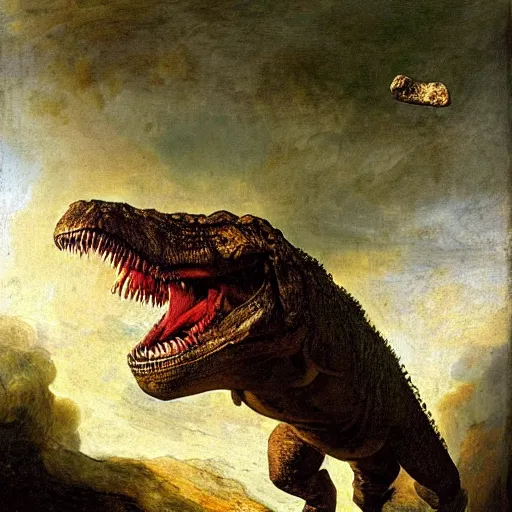 Prompt: T-Rex roaring defiantly at an asteroid hitting the ground and sending rocks flying around, by Rembrandt, oil on canvas, 1601