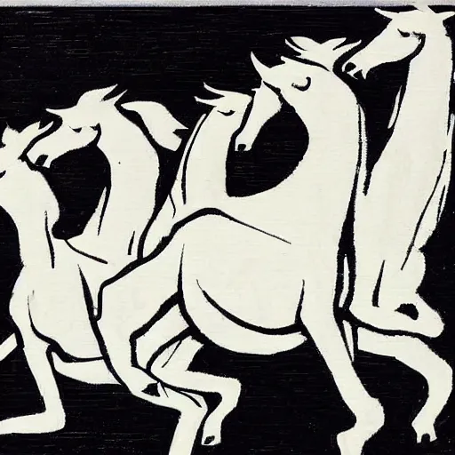 Prompt: group of white horses wearing black karate gis practicing karate inside a dojo, fantasy, woodblock art