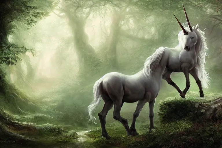 Image similar to fine art painting of a unicorn in a magical forest, artstation, cgsociety, very detailed, intricate, masterpiece, stunning, romanticism