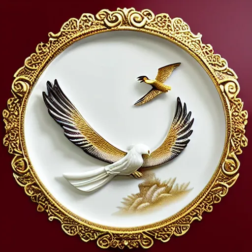 Image similar to gorgeous ornated snow white porcelain realistic detailed sacred falcon wall decoration with golden filigree carved out of ivory