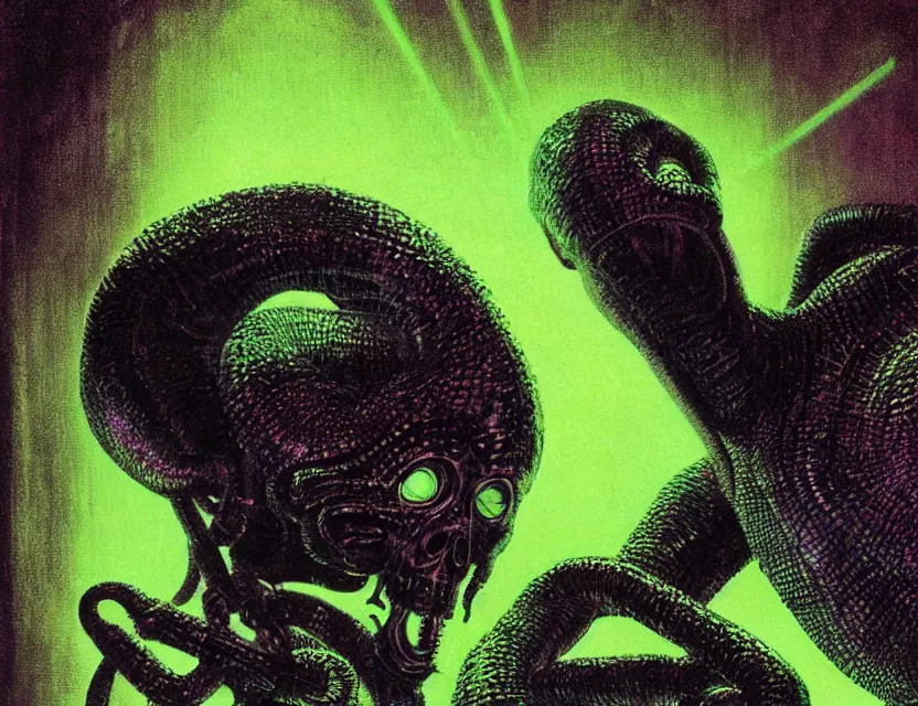 Image similar to a close - up view portrait of a silhouetted supernatural laser snake in brutalist halls with metallic alien technology. close - up view, detailed textures. glowing green purple fog, dark black background. poison skull face, highly detailed fantasy science fiction painting by moebius, norman rockwell, frank frazetta, and syd mead. rich colors, high contrast