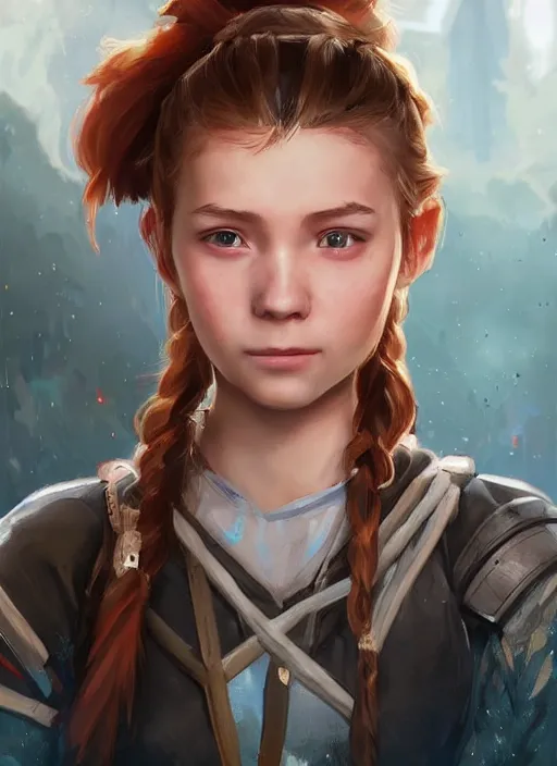 Prompt: a portrait digital painting of a young girl that looks a bit like aloy from horizon : new dawn. she's wearing a mechanics uniform and has been working on some large machinery. factory background, heavy machines. electronics. concept art. trending on artstation. painted by artgerm, ross tran.