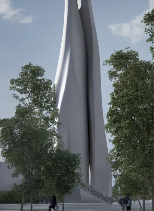 Image similar to highly detailed realistic architecture 3 d render of a huge high futuristic concrete stele sculpture in zaha hadid style standing in city park, archdaily, made in unreal engine 4 octane render