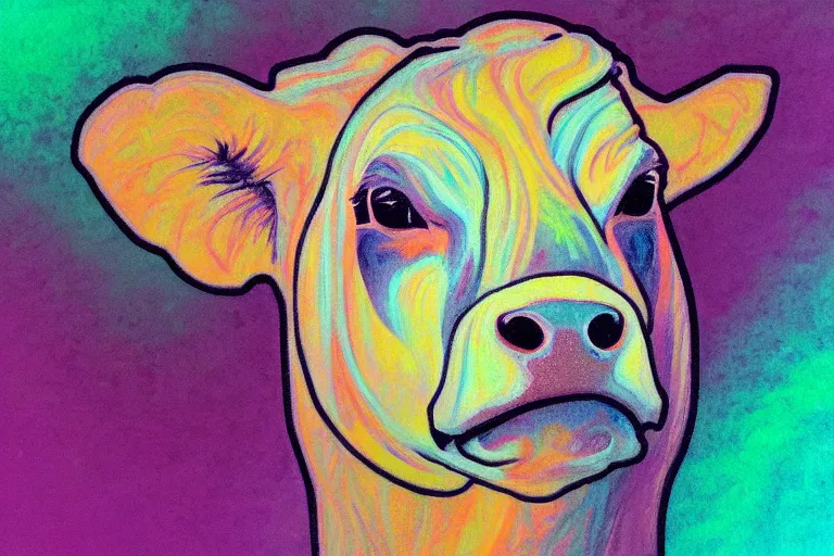 Prompt: ascend portrait of cow, in the style of rick sternbach and mark tedin and alphonse mucha, trending on artstation, soft lights product view crayon art, doge, dark academia, illustrator, impasto