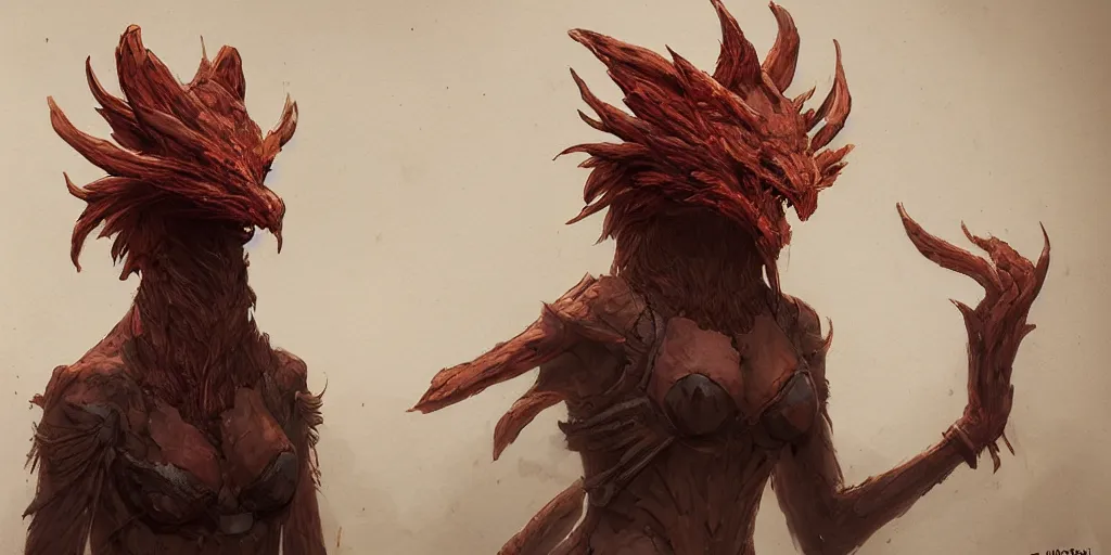 Image similar to female fire creature with a wooden mask character design sheet, Moebius, Greg Rutkowski, Zabrocki, Karlkka, Jayison Devadas, Phuoc Quan, trending on Artstation, 8K, ultra wide angle, zenith view, pincushion lens effect