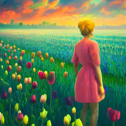 Prompt: large tulip head, girl standing in a flower field, surreal photography, sunrise dramatic light, impressionist painting, colorful clouds, digital painting, artstation, simon stalenhag