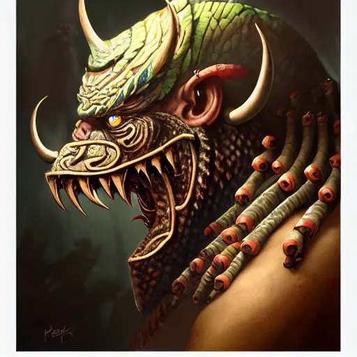 Image similar to side profile of barong family member, wiwek, mara demon, one single tribe member, jungle, one single mask, dark, ancient viking warrior, snake, cameleont, tribal, inner glow, paint by peter mohrbacher